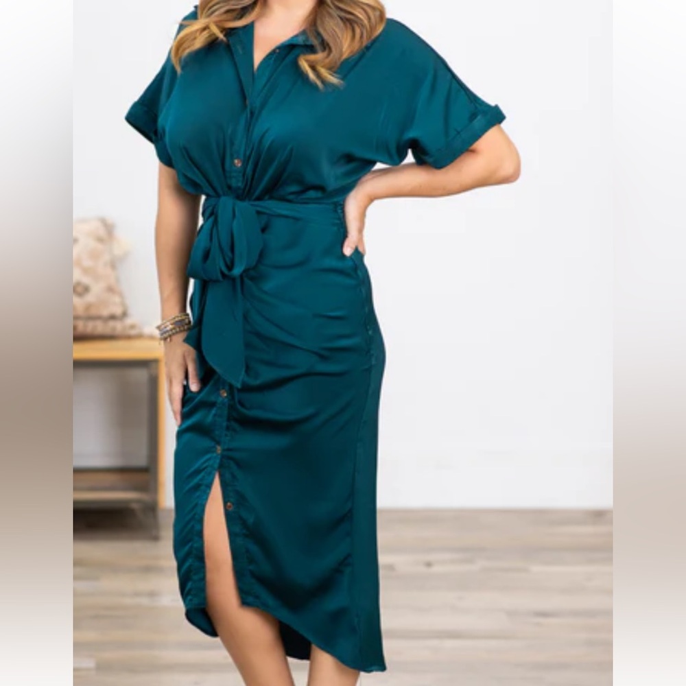 Teal Self Tie Midi Length Shirt Dress - Picture 2 of 3